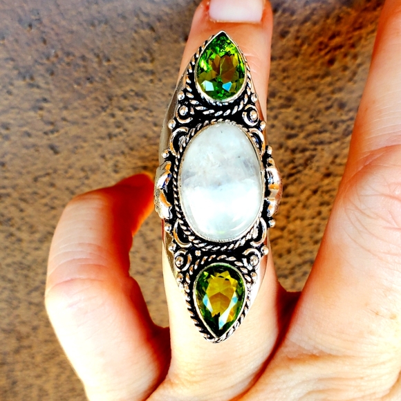 New Rainbow Moonstone & Peridot 925 Silver Statement Ring. - Picture 4 of 13